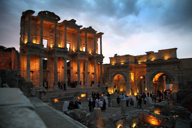 The illuminated Library of Celsus at Ephesus.