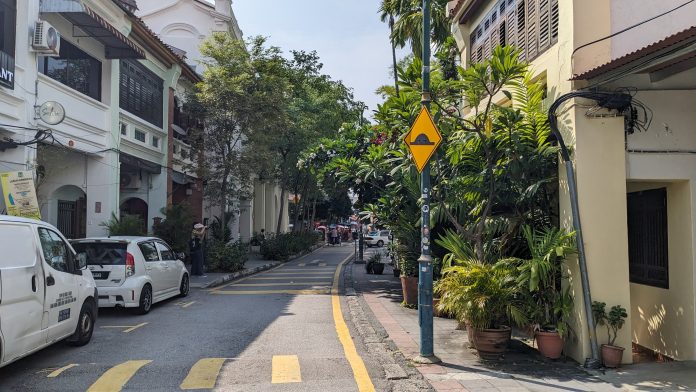 Lebuh Armenian in central George Town, Penang Historic shophouses and trees along Armenian Street in George Town, Penang
